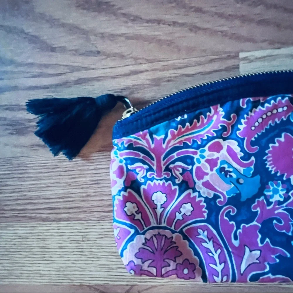 New J. Crew Paisley Print Zippered Cosmetic Bag with Tassel Navy Blue & Pink